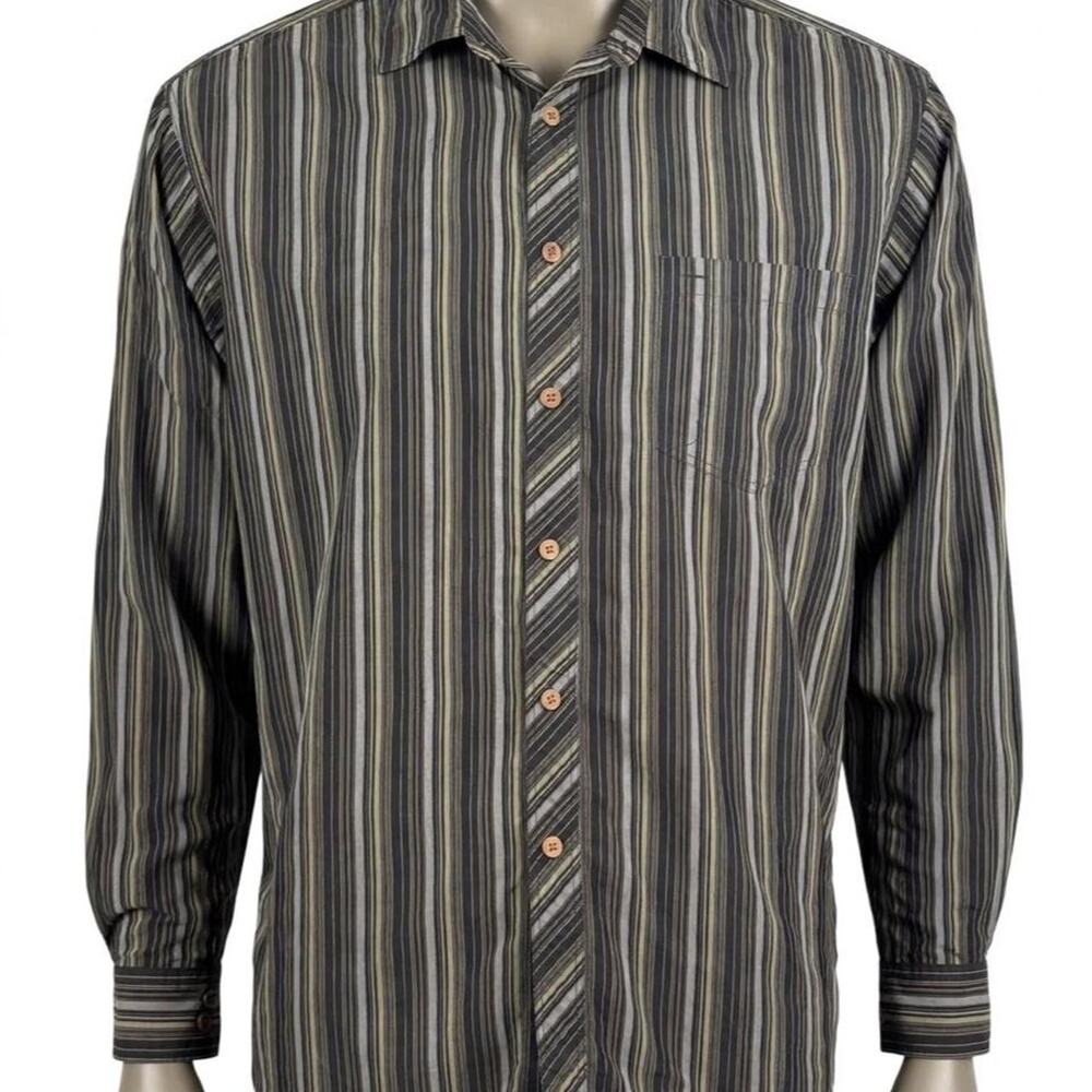 Tommy Bahama Shirt Mens L 100% Silk Long Sleeve Striped Button Down Pocket